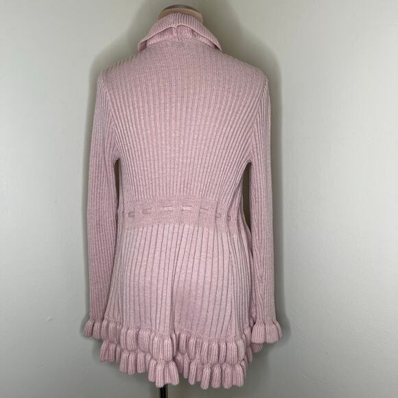 Cache Wool Blend Cardigan S/M Women Pink Angora Tie Front Ruffle Chunky Rib Knit - Picture 3 of 9